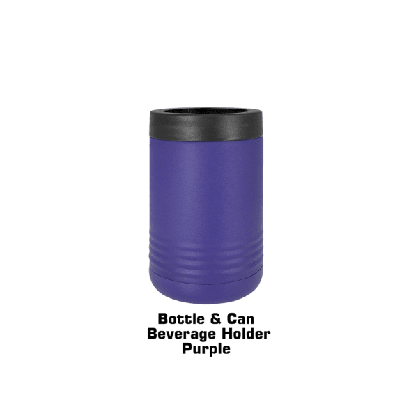 A purple and black plastic cup with the words " white & gray beverage holder people ".