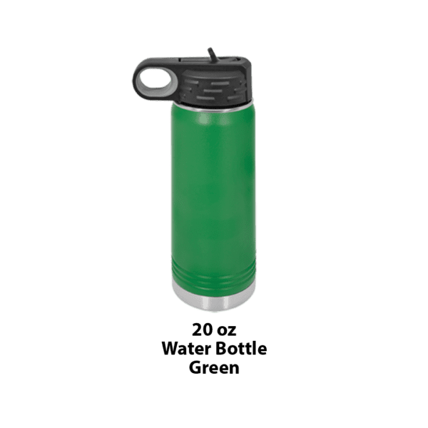 A green water bottle with a black lid.