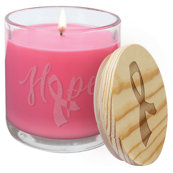 A candle that says hope and has a wooden lid.