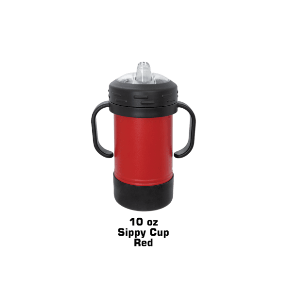 A red and black thermos on a green background